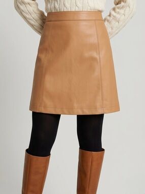 NWOT Petite Studio Faux Leather A-Line Mini Skirt Tan Camel US 4 / MX 8